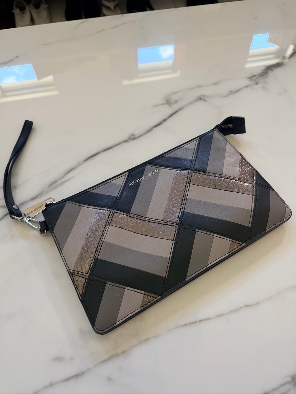 Michael Kors Neutral Patchwork Wristlet Clutch - snack, silver, grey, & Black